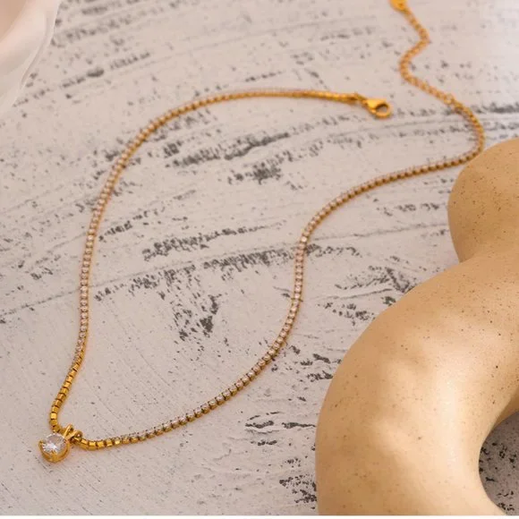 ^NEW 18K Gold Plated 2CT Solitaire Diamond Round Diamond Chain Necklace - Picture 6 of 8